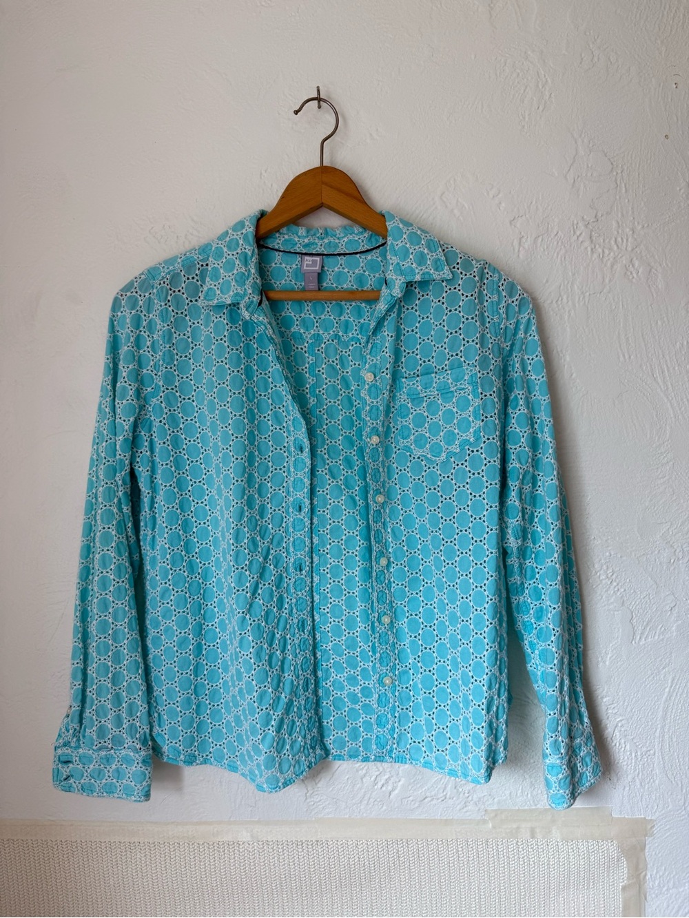 JCP Aqua Eyelet Lace Button Front Shirt Womens Large 100% Cotton Coastal Boho